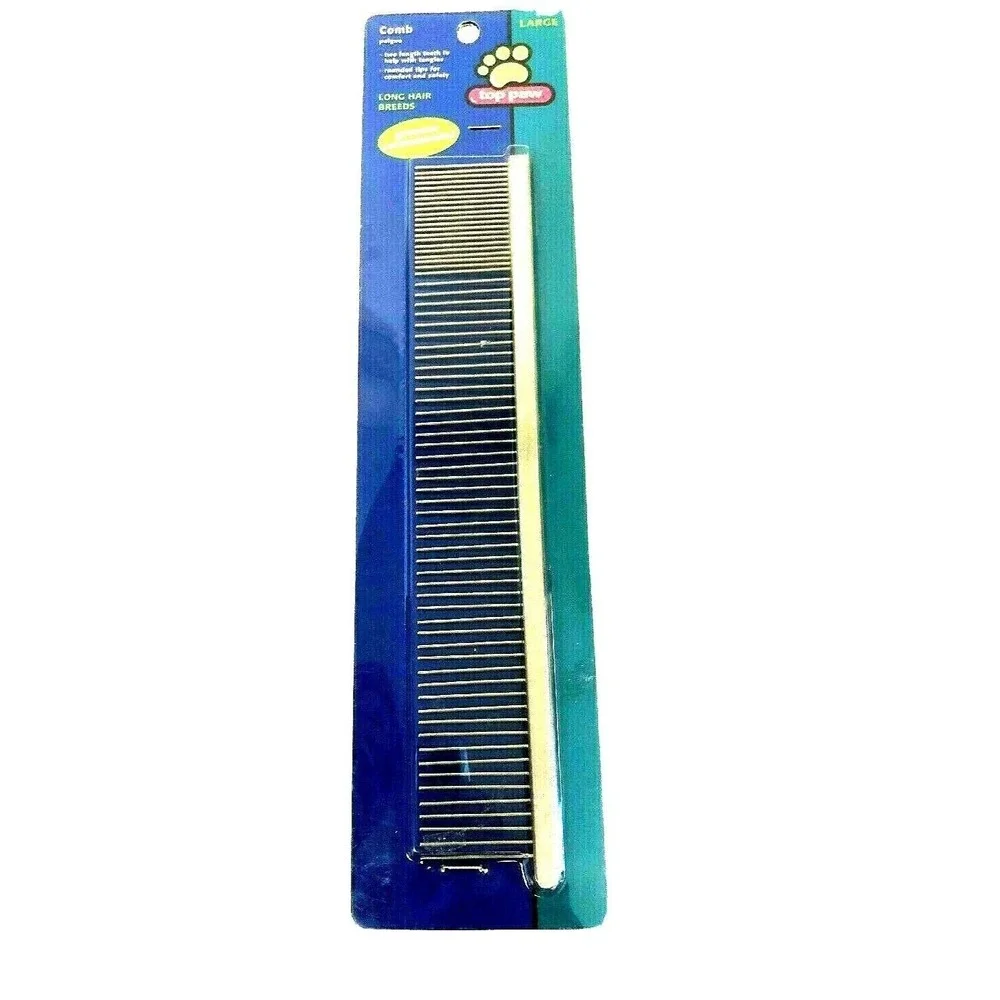 Top Paw Pet Comb Large Silver Long Hair Breeds Dual Length Teeth Rounded Tips